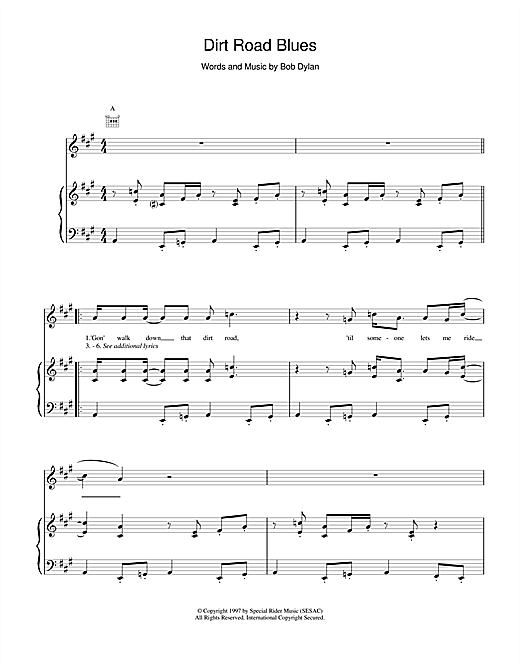 Learn to play Bob Dylan Dirt Road Blues sheet music for Piano, Vocal & Guitar (Right-Hand Melody) in minutes. Bob Dylan Dirt Road Blues sheet music notes and chords