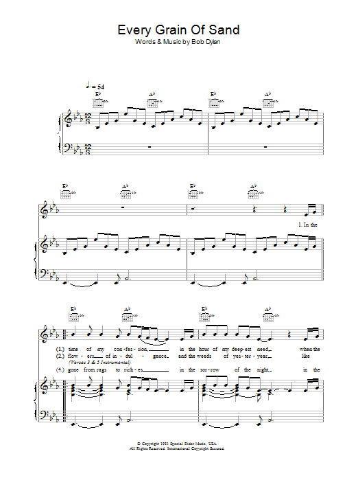 Bob Dylan Every Grain Of Sand sheet music preview music notes and score for Piano, Vocal & Guitar (Right-Hand Melody) including 4 page(s)