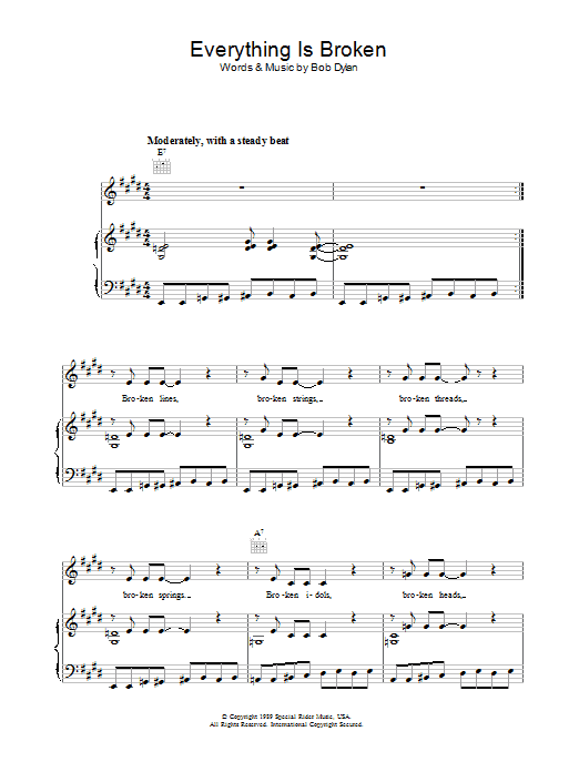 Learn to play Bob Dylan Everything Is Broken sheet music for Piano, Vocal & Guitar (Right-Hand Melody) in minutes. Bob Dylan Everything Is Broken sheet music preview music notes and score for Piano, Vocal & Guitar (Right-Hand Melody) including 6 page(s)