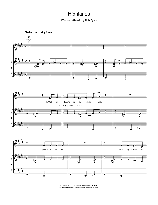 Learn to play Bob Dylan Highlands sheet music for Piano, Vocal & Guitar (Right-Hand Melody) in minutes. Bob Dylan Highlands sheet music notes and chords