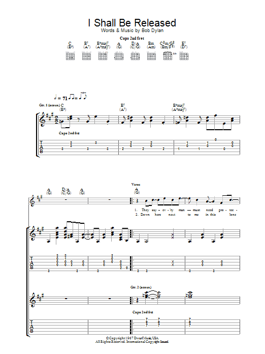 Bob Dylan I Shall Be Released sheet music preview music notes and score for Piano, Vocal & Guitar (Right-Hand Melody) including 3 page(s)