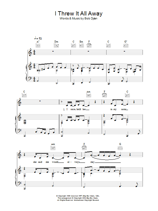 Bob Dylan I Threw It All Away sheet music preview music notes and score for Piano, Vocal & Guitar (Right-Hand Melody) including 5 page(s)