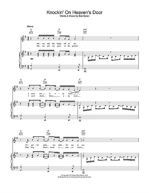Learn to play Bob Dylan Knockin' On Heaven's Door sheet music for Piano, Vocal & Guitar (Right-Hand Melody) in minutes. Bob Dylan Knockin' On Heaven's Door sheet music notes and chords