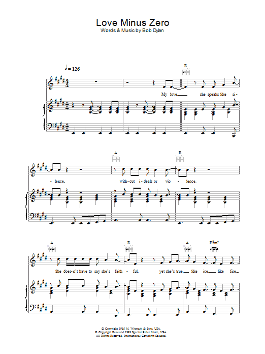 Learn to play Bob Dylan Love Minus Zero/No Limit sheet music for Piano, Vocal & Guitar (Right-Hand Melody) in minutes. Bob Dylan Love Minus Zero/No Limit sheet music preview music notes and score for Piano, Vocal & Guitar (Right-Hand Melody) including 7 page(s)