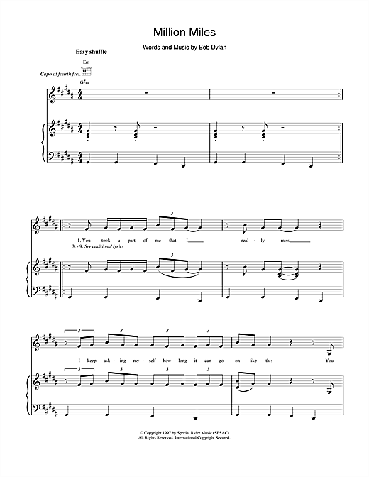 Learn to play Bob Dylan Million Miles sheet music for Piano, Vocal & Guitar (Right-Hand Melody) in minutes. Bob Dylan Million Miles sheet music notes and chords
