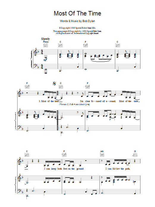 Bob Dylan Most Of The Time (from High Fidelity) sheet music preview music notes and score for Piano, Vocal & Guitar (Right-Hand Melody) including 4 page(s)