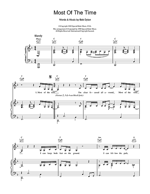 Learn to play Bob Dylan Most Of The Time (from High Fidelity) sheet music for Piano, Vocal & Guitar (Right-Hand Melody) in minutes. Bob Dylan Most Of The Time (from High Fidelity) sheet music notes and chords