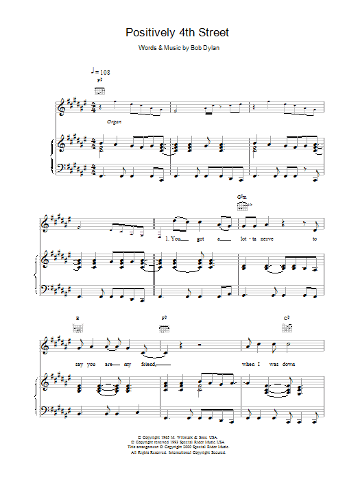 Bob Dylan Positively 4th Street sheet music preview music notes and score for Piano, Vocal & Guitar including 4 page(s)