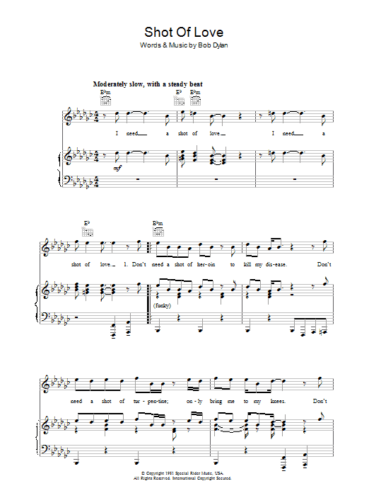 Learn to play Bob Dylan Shot Of Love sheet music for Piano, Vocal & Guitar (Right-Hand Melody) in minutes. Bob Dylan Shot Of Love sheet music preview music notes and score for Piano, Vocal & Guitar (Right-Hand Melody) including 5 page(s)