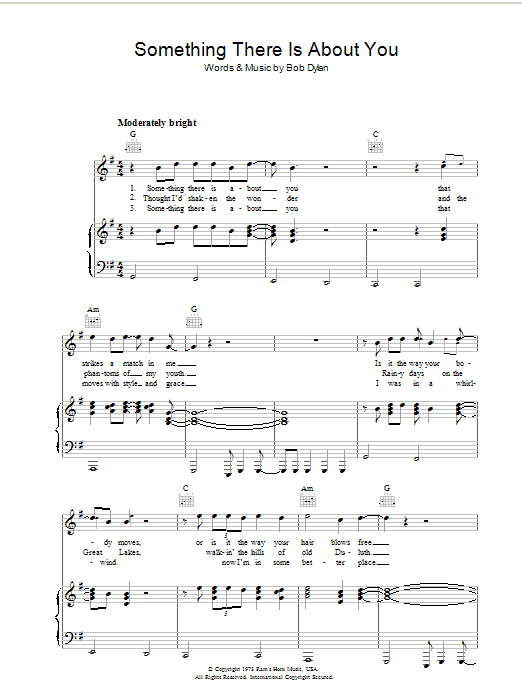 Learn to play Bob Dylan Something There Is About You sheet music for Piano, Vocal & Guitar (Right-Hand Melody) in minutes. Bob Dylan Something There Is About You sheet music preview music notes and score for Piano, Vocal & Guitar (Right-Hand Melody) including 4 page(s)