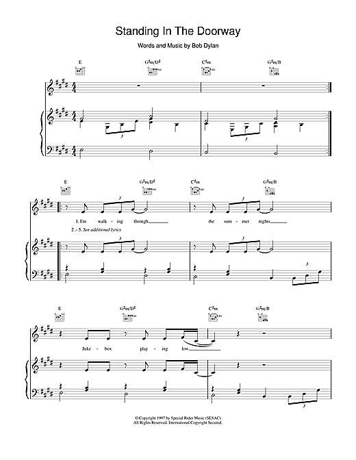 Learn to play Bob Dylan Standing In The Doorway sheet music for Piano, Vocal & Guitar (Right-Hand Melody) in minutes. Bob Dylan Standing In The Doorway sheet music notes and chords