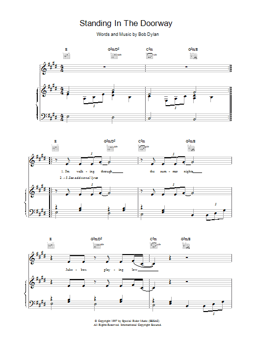 Bob Dylan Standing In The Doorway sheet music preview music notes and score for Piano, Vocal & Guitar (Right-Hand Melody) including 4 page(s)