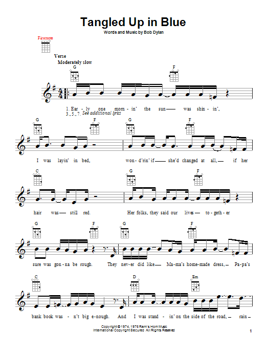 Learn to play Bob Dylan Tangled Up In Blue sheet music for Lyrics & Piano Chords in minutes. Bob Dylan Tangled Up In Blue sheet music preview music notes and score for Lyrics & Piano Chords including 5 page(s)