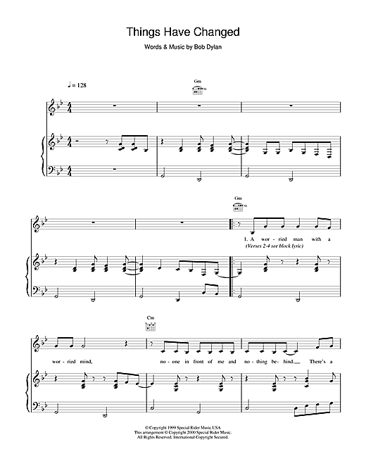 Learn to play Bob Dylan Things Have Changed (from Wonder Boys) sheet music for Piano, Vocal & Guitar in minutes. Bob Dylan Things Have Changed (from Wonder Boys) sheet music notes and chords