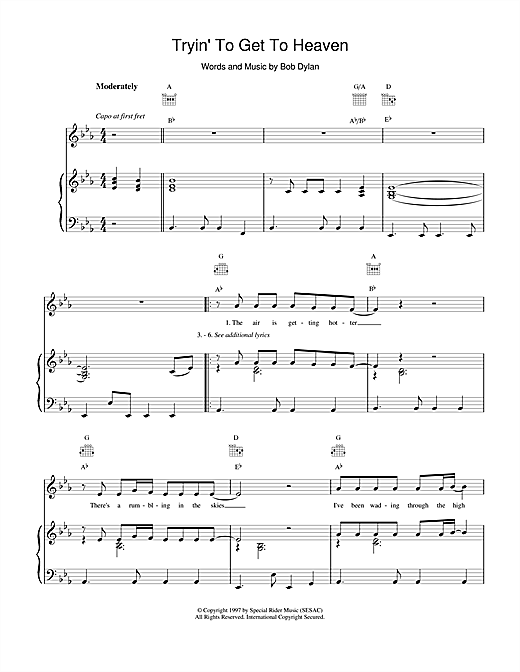 Learn to play Bob Dylan Tryin'To Get To Heaven sheet music for Piano, Vocal & Guitar (Right-Hand Melody) in minutes. Bob Dylan Tryin'To Get To Heaven sheet music notes and chords