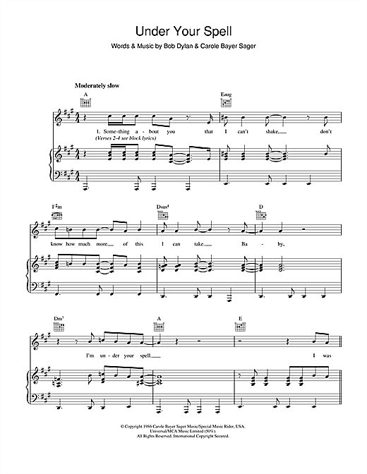 Learn to play Bob Dylan Under Your Spell sheet music for Piano, Vocal & Guitar (Right-Hand Melody) in minutes. Bob Dylan Under Your Spell sheet music notes and chords