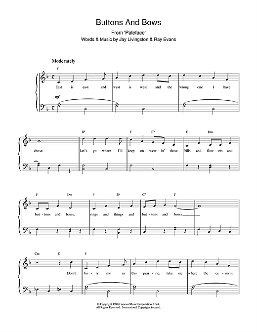 Learn to play Bob Hope Buttons And Bows (from The Paleface) sheet music for Piano, Vocal & Guitar (Right-Hand Melody) in minutes. Bob Hope Buttons And Bows (from The Paleface) sheet music notes and chords