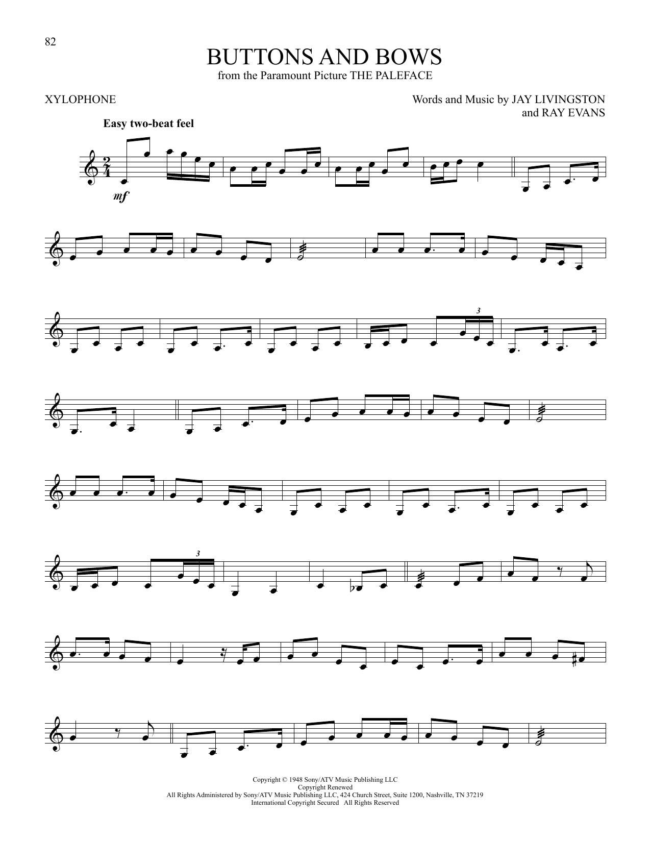 Learn to play Bob Hope Buttons And Bows (from The Paleface) sheet music for Xylophone Solo in minutes. Bob Hope Buttons And Bows (from The Paleface) sheet music preview music notes and score for Xylophone Solo including 2 page(s)