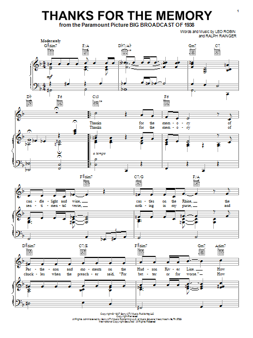 Learn to play Bob Hope Thanks For The Memory sheet music for Piano, Vocal & Guitar (Right-Hand Melody) in minutes. Bob Hope Thanks For The Memory sheet music notes and chords