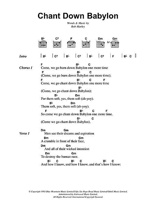 Bob Marley Chant Down Babylon sheet music, chords, lyrics - Printable PDF for Lyrics & Chords