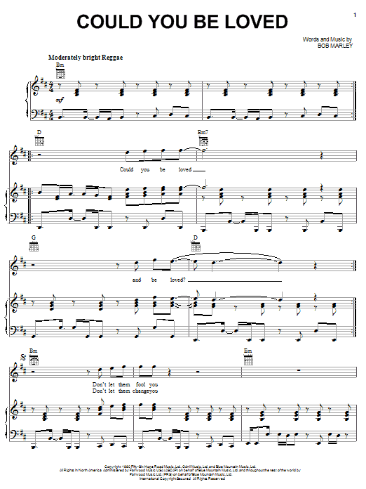 Learn to play Bob Marley Could You Be Loved sheet music for Piano, Vocal & Guitar (Right-Hand Melody) in minutes. Bob Marley Could You Be Loved sheet music notes and chords