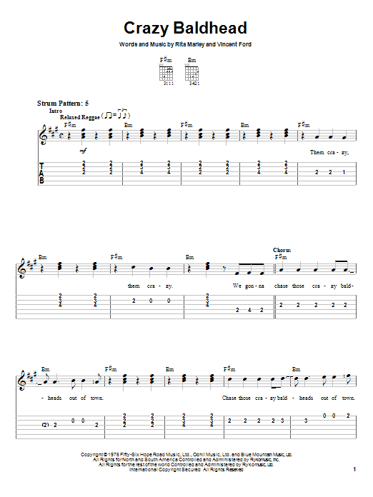 Learn to play Bob Marley Crazy Baldhead sheet music for Easy Guitar Tab in minutes. Bob Marley Crazy Baldhead sheet music notes and chords