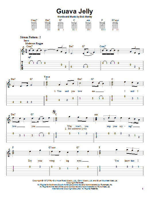 Learn to play Bob Marley Guava Jelly sheet music for Easy Guitar Tab in minutes. Bob Marley Guava Jelly sheet music notes and chords