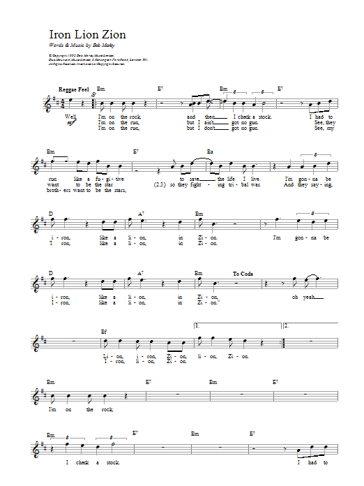 Learn to play Bob Marley Iron Lion Zion sheet music for Piano, Vocal & Guitar (Right-Hand Melody) in minutes. Bob Marley Iron Lion Zion sheet music preview music notes and score for Piano, Vocal & Guitar (Right-Hand Melody) including 5 page(s)