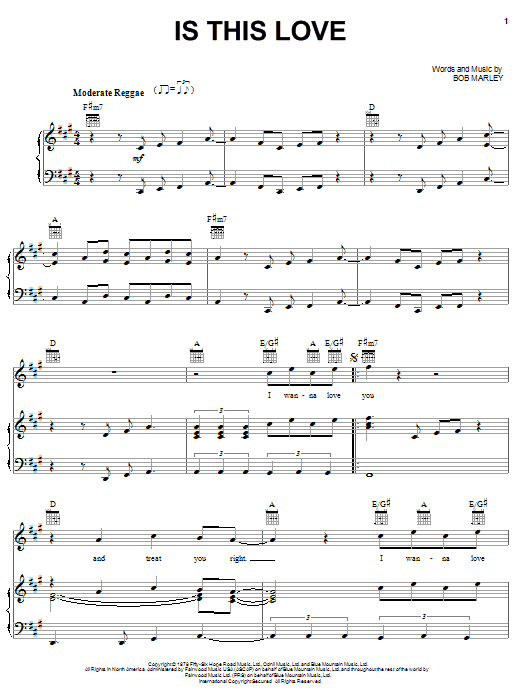 Learn to play Bob Marley Is This Love sheet music for Piano, Vocal & Guitar (Right-Hand Melody) in minutes. Bob Marley Is This Love sheet music notes and chords