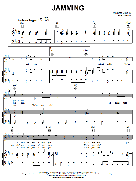 Learn to play Bob Marley Jamming sheet music for Piano, Vocal & Guitar (Right-Hand Melody) in minutes. Bob Marley Jamming sheet music notes and chords