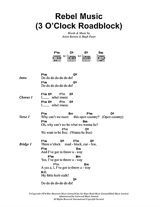 Bob Marley Rebel Music (3 O'Clock Roadblock) sheet music, chords, lyrics - Printable PDF for Lyrics & Chords