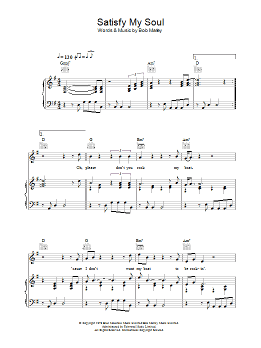 Bob Marley Satisfy My Soul sheet music preview music notes and score for Piano, Vocal & Guitar (Right-Hand Melody) including 6 page(s)