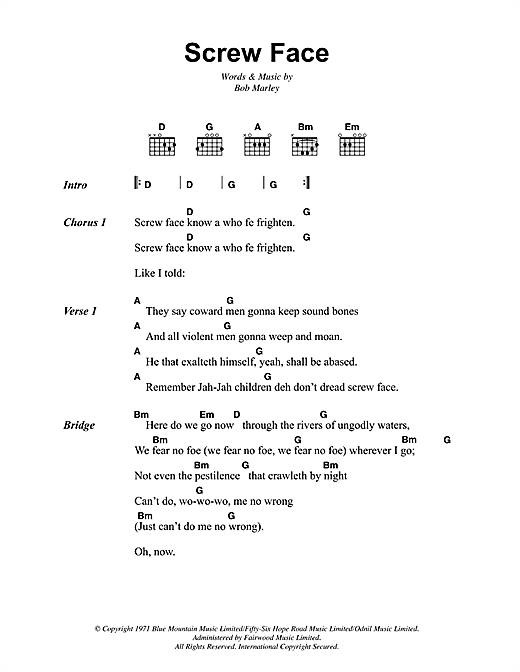 Bob Marley Screw Face sheet music, chords, lyrics - Printable PDF for Lyrics & Chords