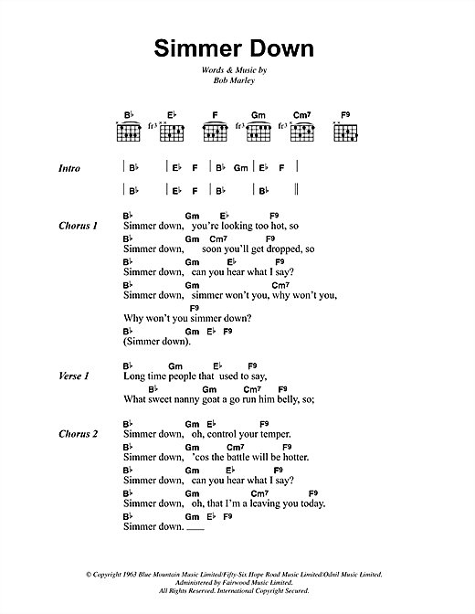 Bob Marley Simmer Down sheet music, chords, lyrics - Printable PDF for Lyrics & Chords