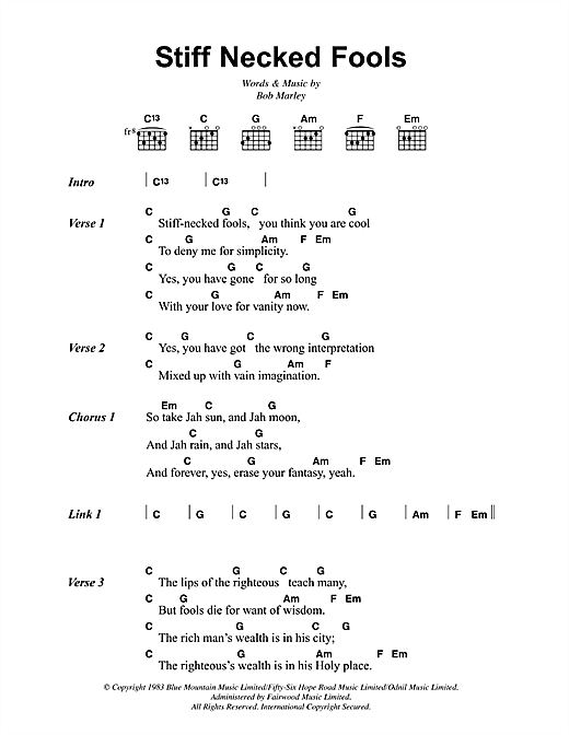 Bob Marley Stiff Necked Fools sheet music, chords, lyrics - Printable PDF for Lyrics & Chords