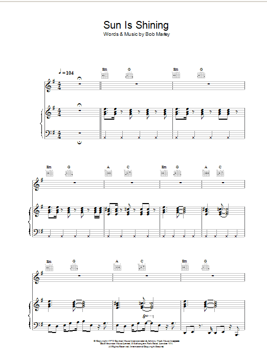 Learn to play Bob Marley Sun Is Shining sheet music for Piano, Vocal & Guitar (Right-Hand Melody) in minutes. Bob Marley Sun Is Shining sheet music preview music notes and score for Piano, Vocal & Guitar (Right-Hand Melody) including 6 page(s)