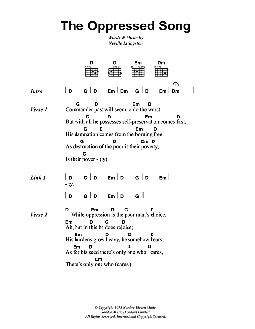 Bob Marley The Oppressed Song sheet music, chords, lyrics - Printable PDF for Lyrics & Chords