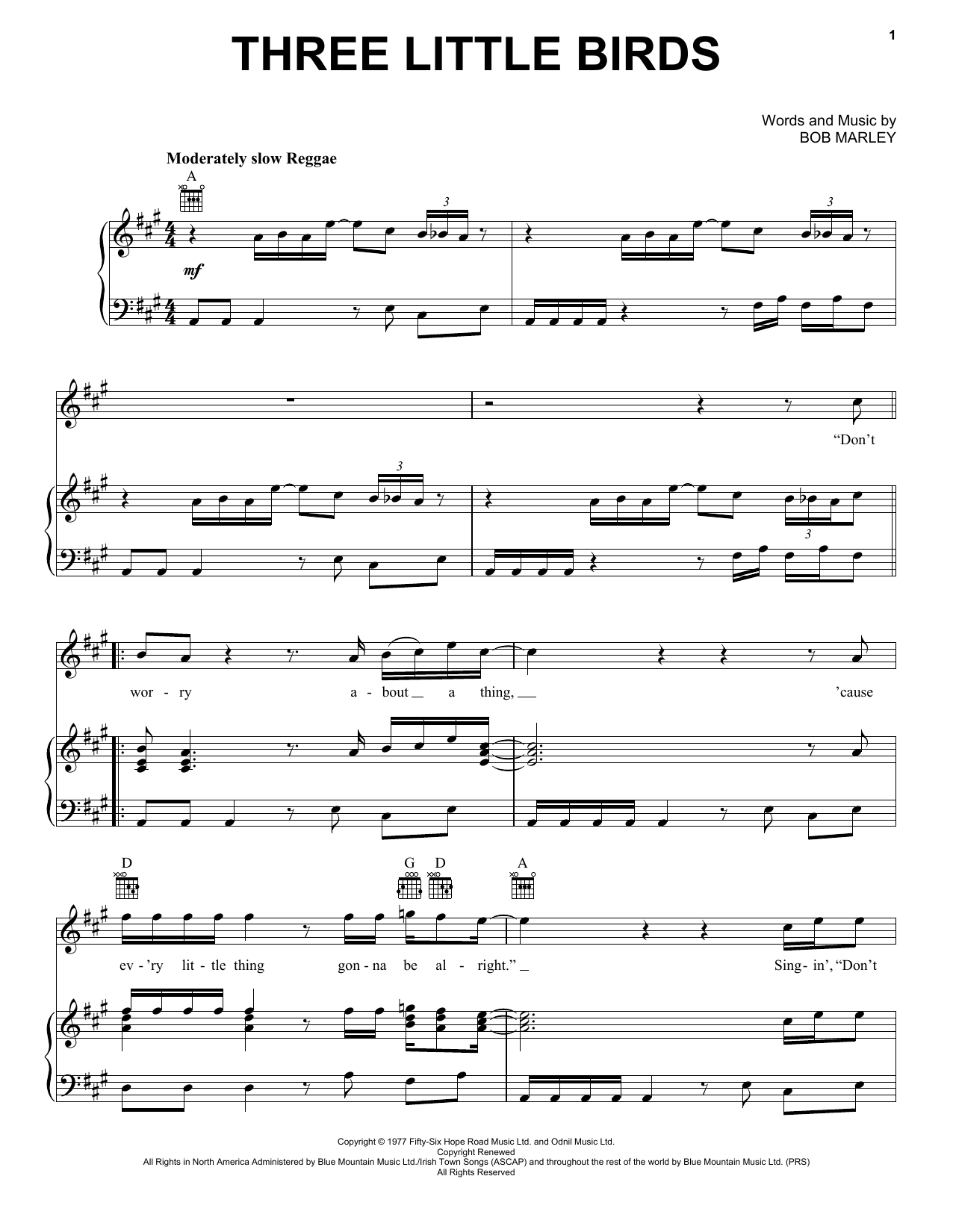 Bob Marley Three Little Birds sheet music preview music notes and score for Piano, Vocal & Guitar (Right-Hand Melody) including 3 page(s)