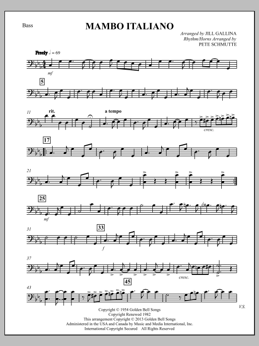 Learn to play Bob Merrill Mambo Italiano (arr. Jill Gallina) - Bass sheet music for Choir Instrumental Pak in minutes. Bob Merrill Mambo Italiano (arr. Jill Gallina) - Bass sheet music notes and chords
