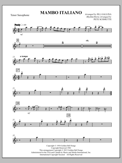 Learn to play Bob Merrill Mambo Italiano (arr. Jill Gallina) - Bb Tenor Saxophone sheet music for Choir Instrumental Pak in minutes. Bob Merrill Mambo Italiano (arr. Jill Gallina) - Bb Tenor Saxophone sheet music notes and chords