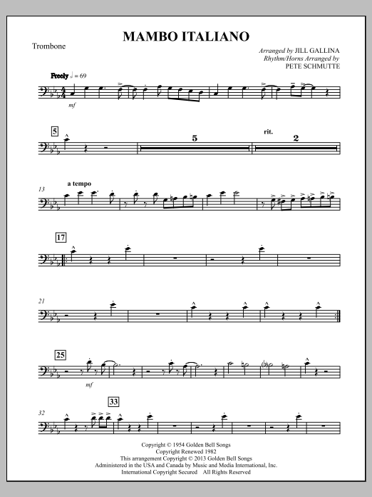 Learn to play Bob Merrill Mambo Italiano (arr. Jill Gallina) - Trombone sheet music for Choir Instrumental Pak in minutes. Bob Merrill Mambo Italiano (arr. Jill Gallina) - Trombone sheet music notes and chords