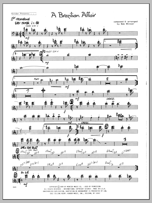 Learn to play Bob Mintzer Brazilian Affair - 1st Trombone sheet music for Jazz Ensemble in minutes. Bob Mintzer Brazilian Affair - 1st Trombone sheet music preview music notes and score for Jazz Ensemble including 2 page(s)