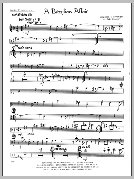 Learn to play Bob Mintzer Brazilian Affair - 2nd Bb Tenor Saxophone sheet music for Jazz Ensemble in minutes. Bob Mintzer Brazilian Affair - 2nd Bb Tenor Saxophone sheet music preview music notes and score for Jazz Ensemble including 2 page(s)