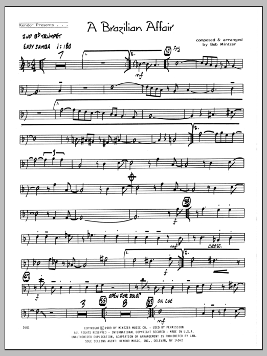 Learn to play Bob Mintzer Brazilian Affair - 2nd Bb Trumpet sheet music for Jazz Ensemble in minutes. Bob Mintzer Brazilian Affair - 2nd Bb Trumpet sheet music preview music notes and score for Jazz Ensemble including 2 page(s)