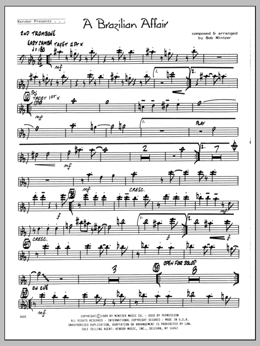 Learn to play Bob Mintzer Brazilian Affair - 2nd Trombone sheet music for Jazz Ensemble in minutes. Bob Mintzer Brazilian Affair - 2nd Trombone sheet music preview music notes and score for Jazz Ensemble including 2 page(s)