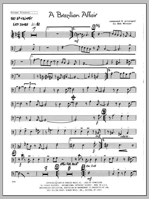 Learn to play Bob Mintzer Brazilian Affair - 3rd Bb Trumpet sheet music for Jazz Ensemble in minutes. Bob Mintzer Brazilian Affair - 3rd Bb Trumpet sheet music preview music notes and score for Jazz Ensemble including 2 page(s)