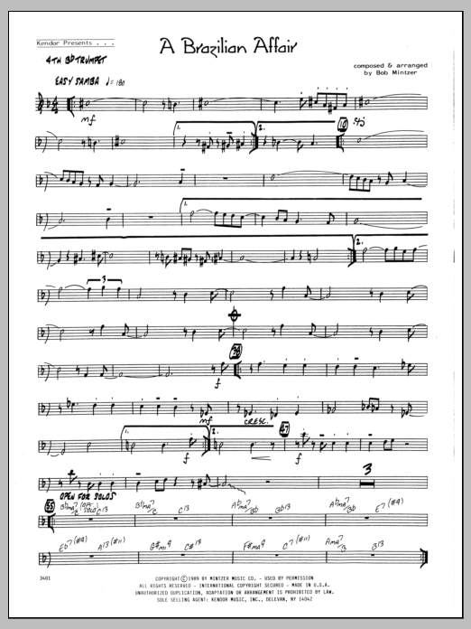 Learn to play Bob Mintzer Brazilian Affair - 4th Bb Trumpet sheet music for Jazz Ensemble in minutes. Bob Mintzer Brazilian Affair - 4th Bb Trumpet sheet music preview music notes and score for Jazz Ensemble including 2 page(s)