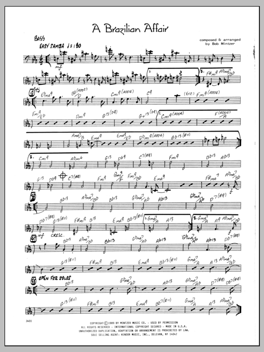 Learn to play Bob Mintzer Brazilian Affair - Bass sheet music for Jazz Ensemble in minutes. Bob Mintzer Brazilian Affair - Bass sheet music preview music notes and score for Jazz Ensemble including 2 page(s)
