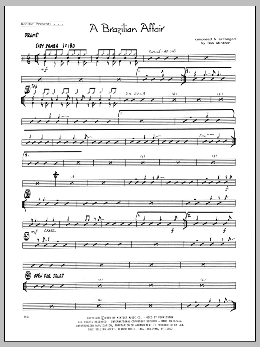 Learn to play Bob Mintzer Brazilian Affair - Drums sheet music for Jazz Ensemble in minutes. Bob Mintzer Brazilian Affair - Drums sheet music preview music notes and score for Jazz Ensemble including 2 page(s)