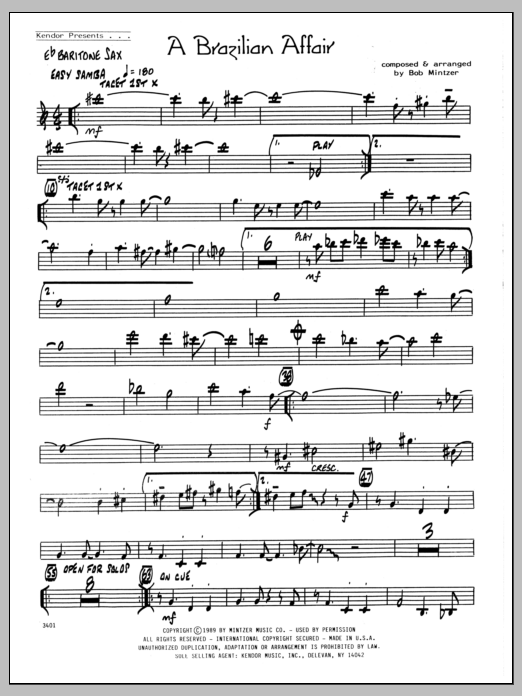 Learn to play Bob Mintzer Brazilian Affair - Eb Baritone Sax sheet music for Jazz Ensemble in minutes. Bob Mintzer Brazilian Affair - Eb Baritone Sax sheet music preview music notes and score for Jazz Ensemble including 2 page(s)